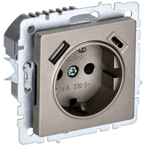 Розетка с заземлением +2xUSB тип A+C без рамки IEK Brite РЮш11-1-БрШ 1-м. шампань картинка